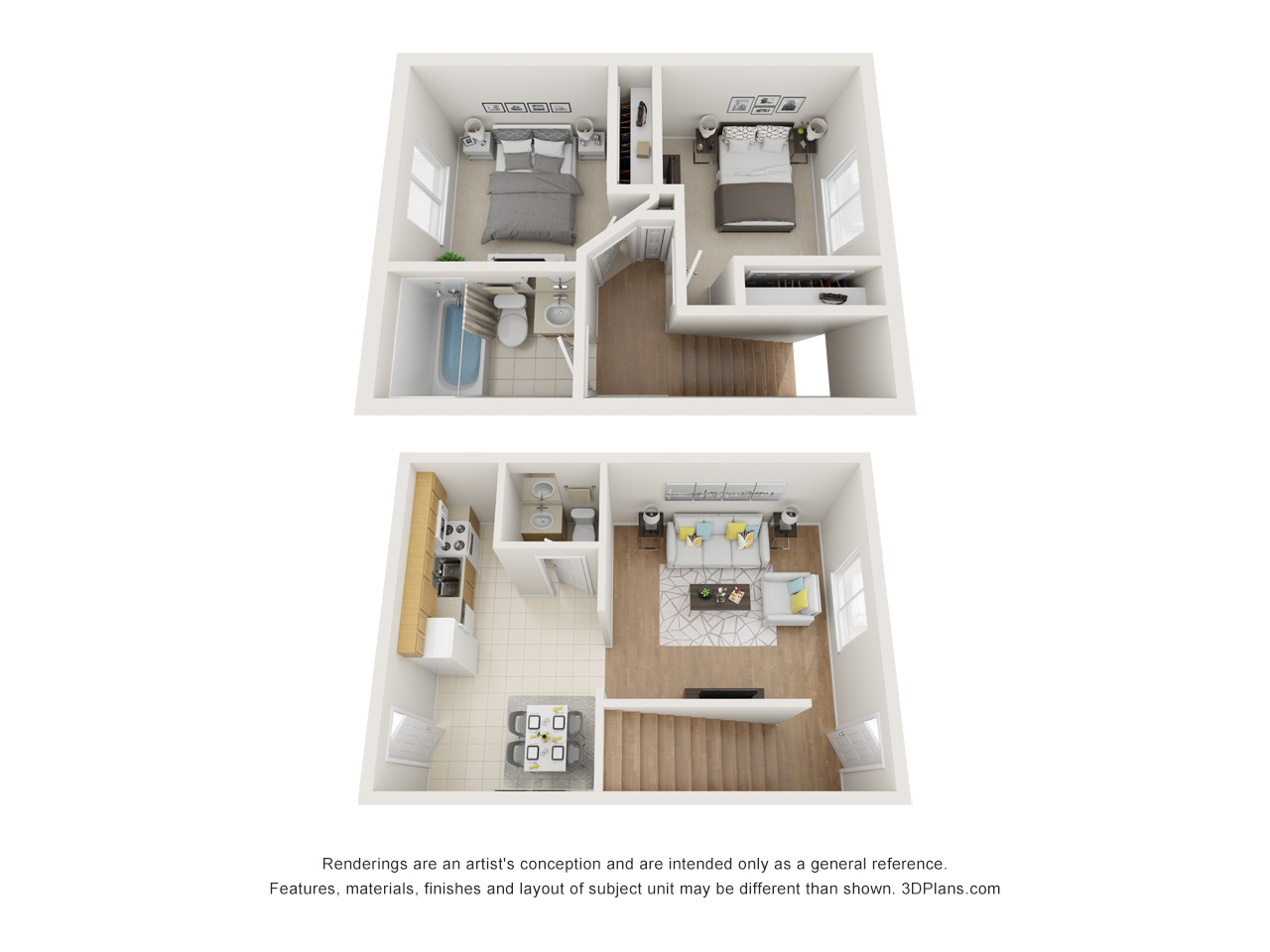 2 Bedroom Townhome - Combined Floor Plan